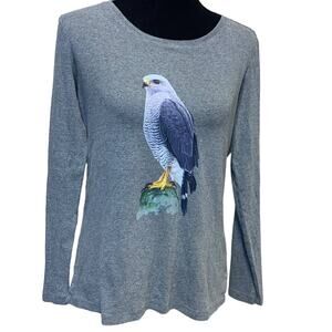 Hand Printed Upcycled Womens Large Gray Hawk Bird Long Sleeve Tee Shirt